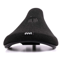 Black bicycle seat with a brand logo on a white background