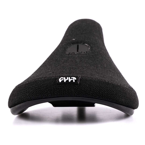 Black bicycle seat with a brand logo on a white background