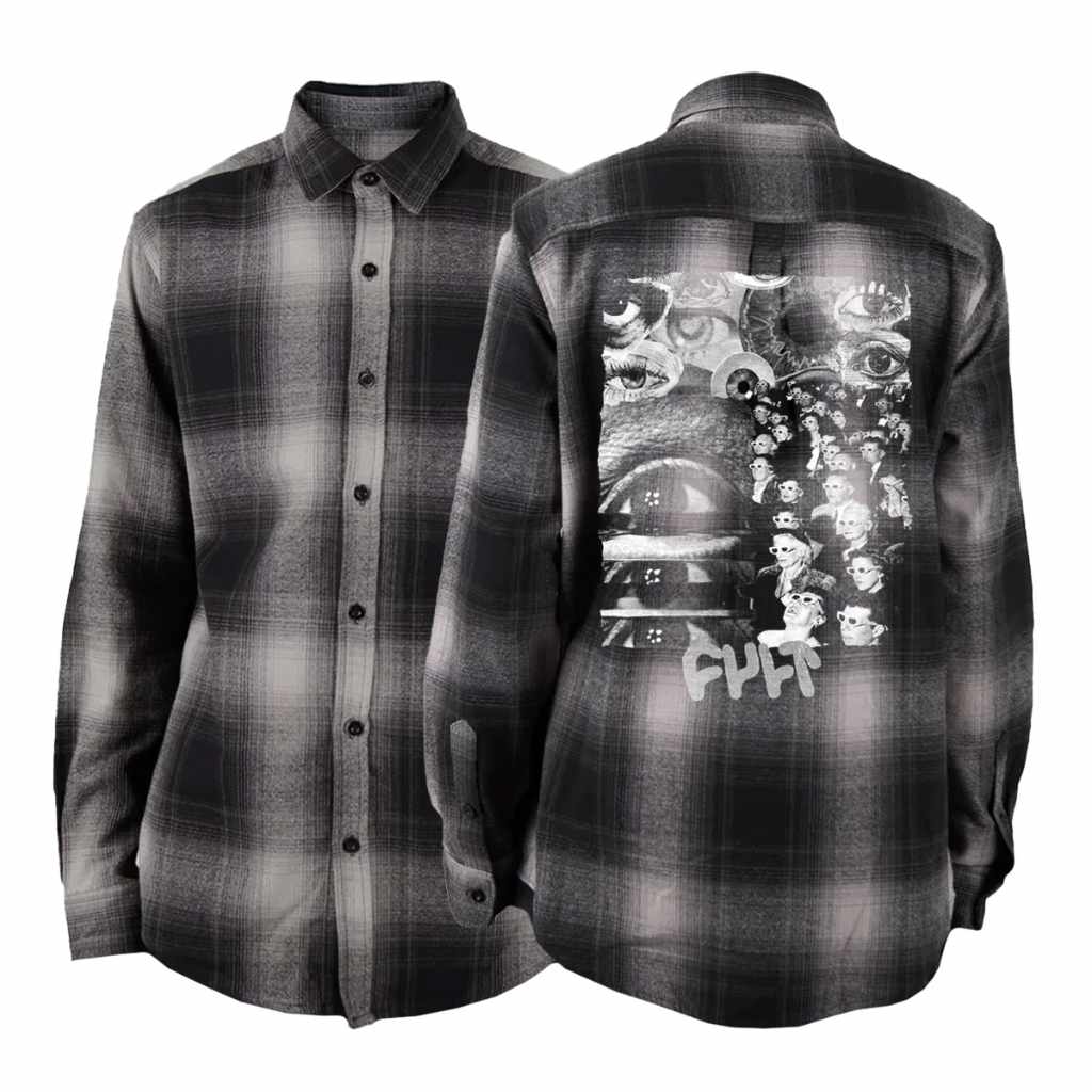 Photo showing the front and back of the Cult flannel button up collared shirt. The rear of the shirt features a black and white 'brainwashed' print with a repeating pattern of eyes and faces with the Cult logo at the bottom.