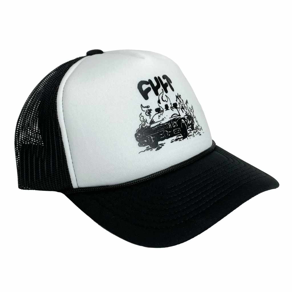 Cult Trucker cap in black with a white front panel featuring a black drawing of a burning police car below the Cult logo