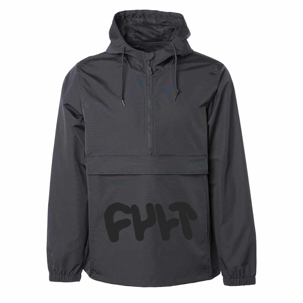 Cult hooded anorak in Black with a half zip at the front as well as a large zip up front pocket. There is a large Cult logo in black on the front pocket.