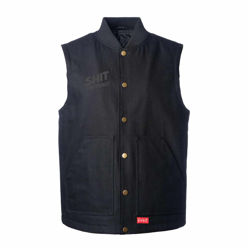 Cult Shit Happens workwear button up vest in black with a small red patch on the bottom left hand side with the Cult logo in White. On the right breast there's a SHIT HAPPENS! logo embroidered in black
