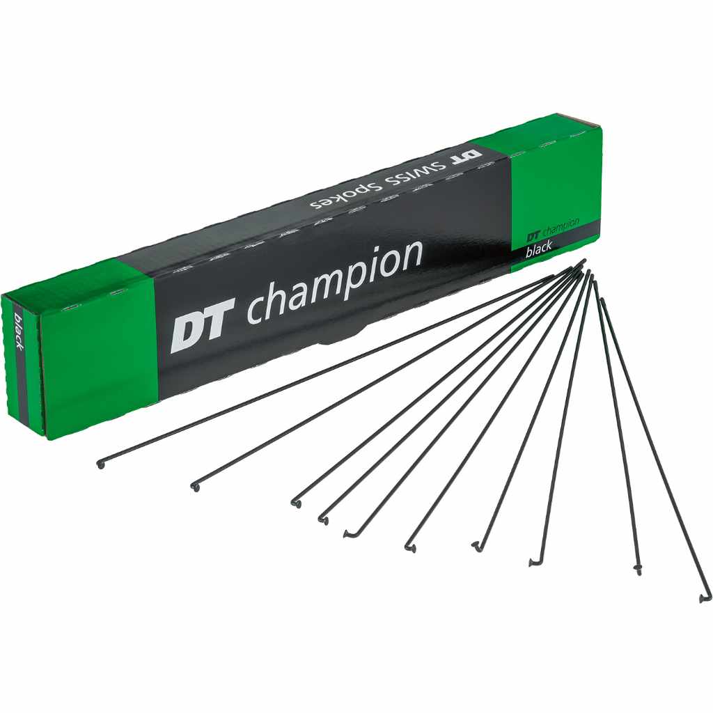 DT Swiss Champion spokes in black with box, photographed on a white background