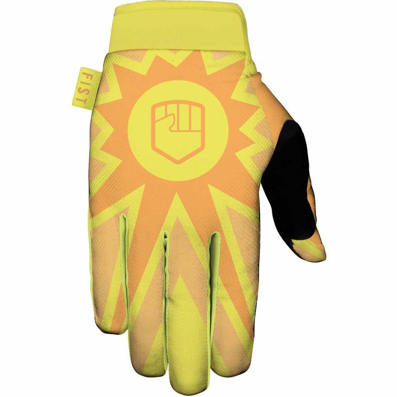 Fist Breezer Sunny gloves top print in bright yellow and orange photographed on a white background