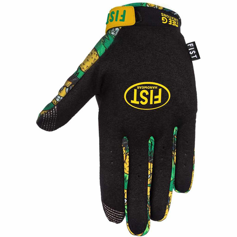 Fist Pineapple Rush gloves palm print featuring a black material with a yellow fist logo photographed on a white background