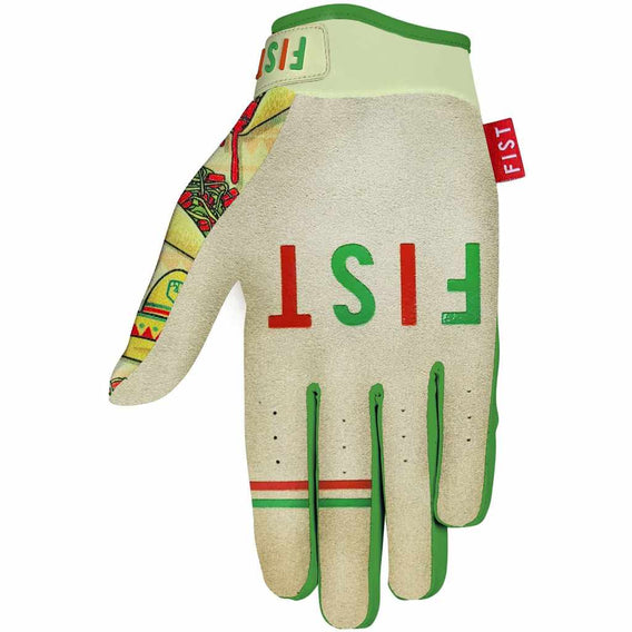 Fist Taco Tuesday gloves palm print featuring the FIST logo in green and red letters photographed on a white background