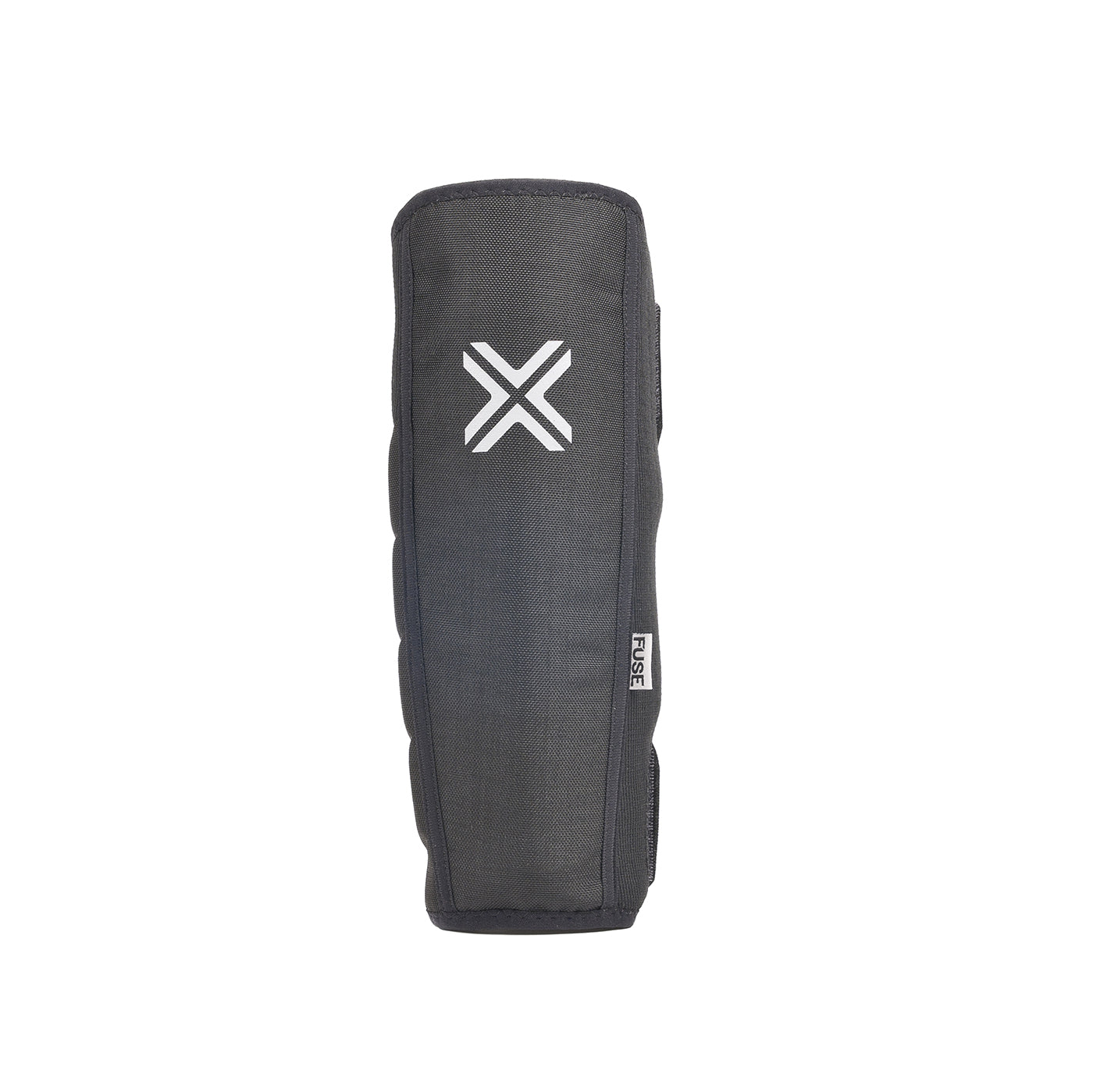 Black knee pad with a white logo on a white background
