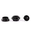 Three black cylindrical objects on a white background
