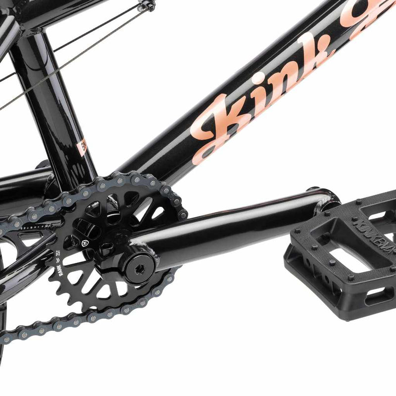 Close up of Mission Triumph Chromoly black cranks on Kink Carve 16" BMX bike