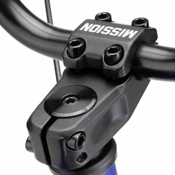 Close up of Mission Control top load stem built up on a cobalt blue Kink Curb BMX bike