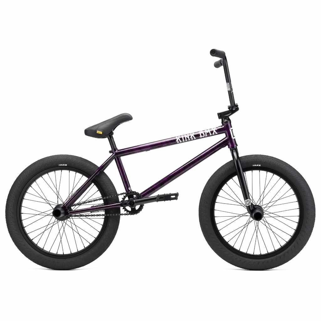 Side view of Kink Downside 20 inch BMX bike in hazy purple photographed on a white background