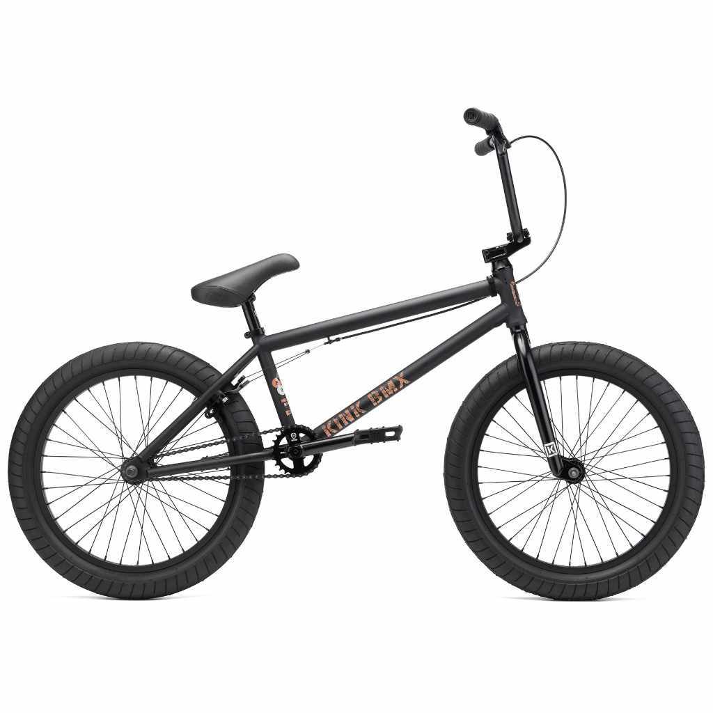Side view of Kink Gap 20 inch BMX bike in midnight black photographed on a white background
