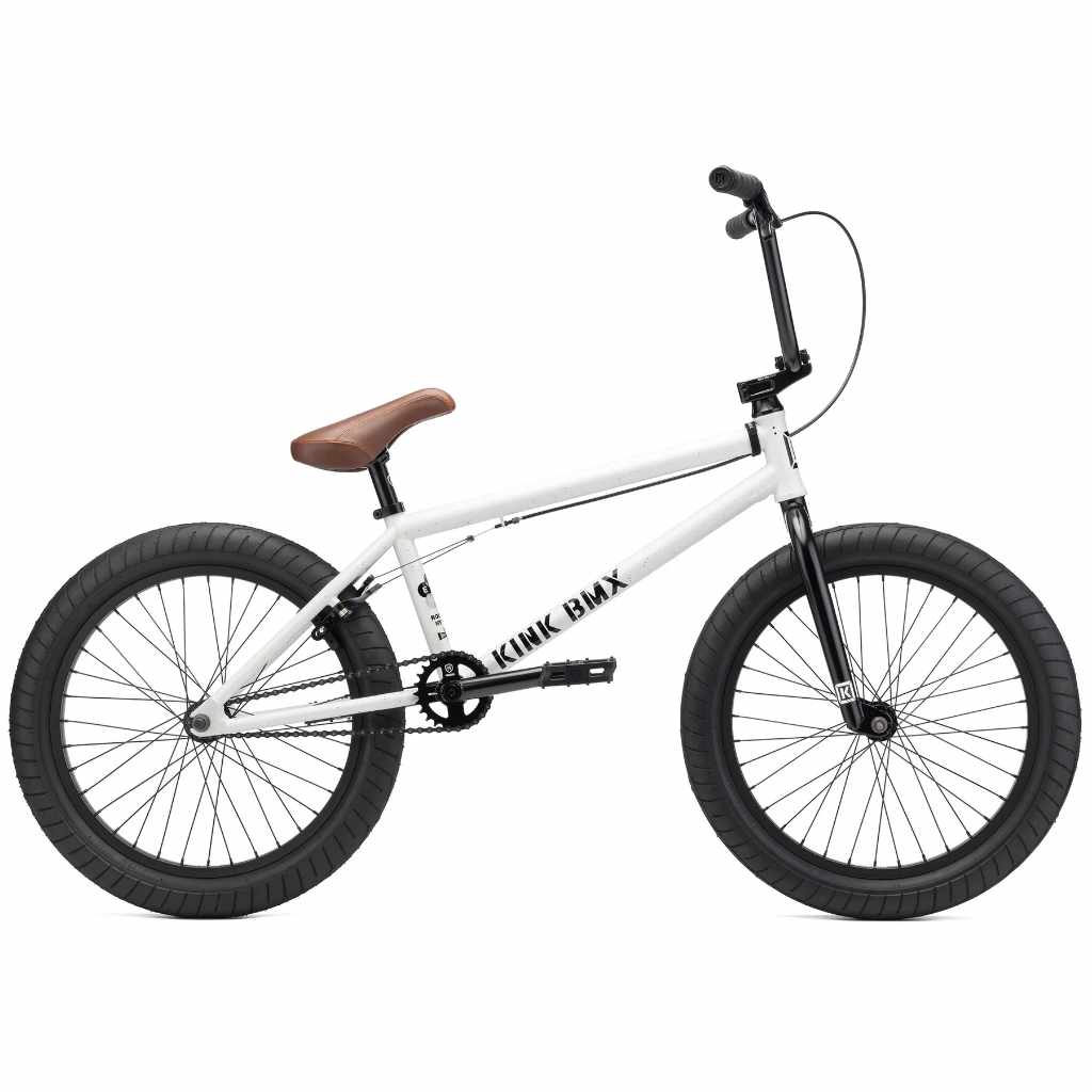 Side view of Kink Gap 20 inch BMX bike in Terrazzo White photographed on a white background