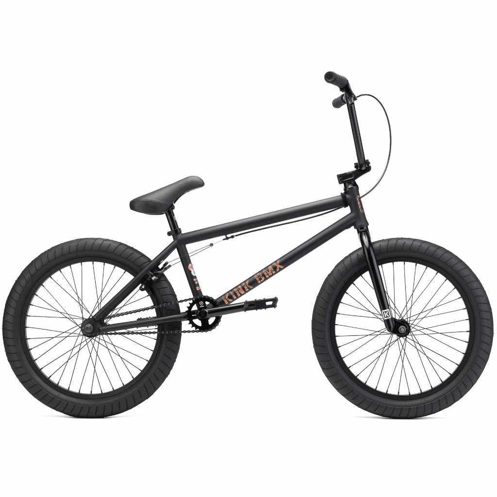 Side view of Kink Gap XL 20 inch BMX bike in midnight black photographed on a white background