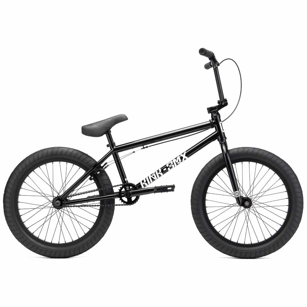 Side view of Kink Launch 20 inch BMX bike in midnight black photographed on a white background