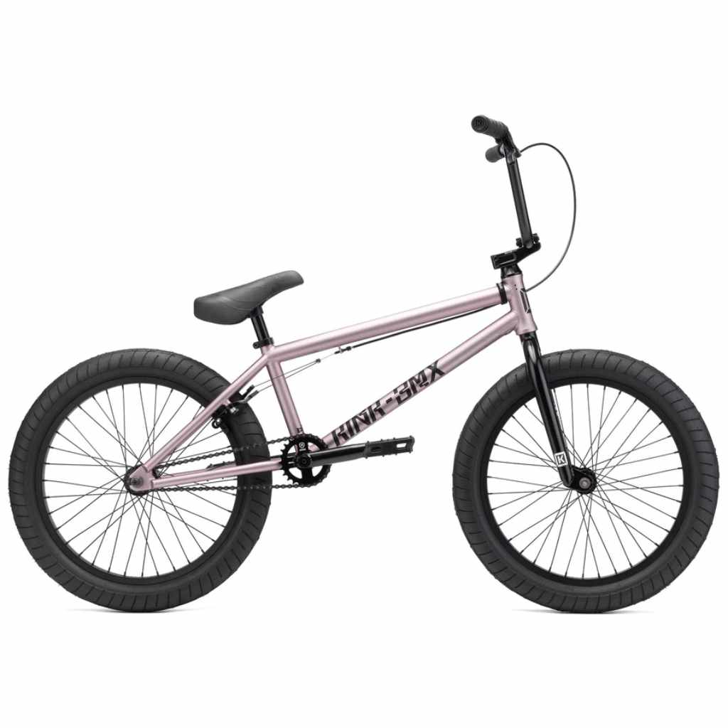 Side view of Kink Launch 20 inch BMX bike in platinum rose photographed on a white background