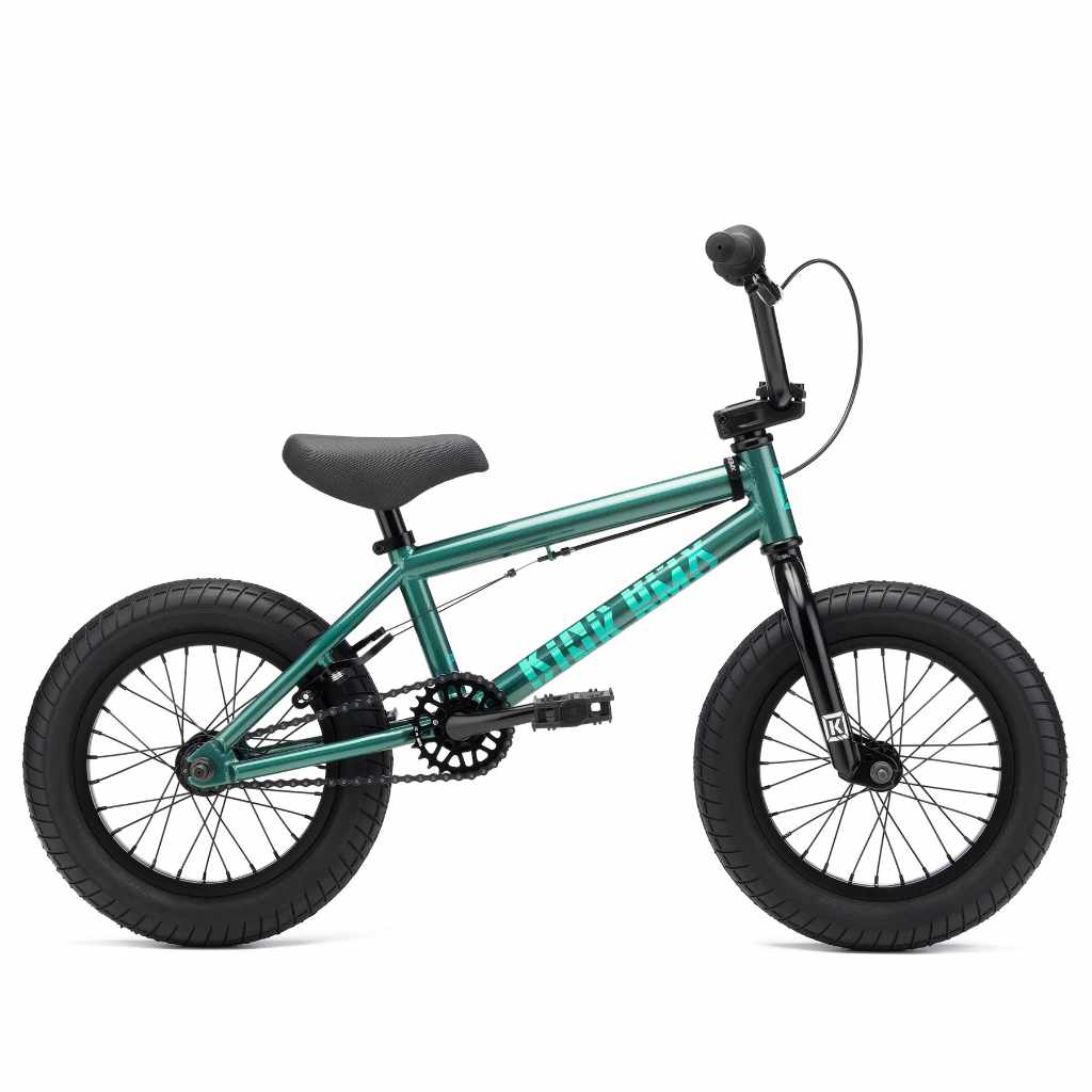 Kink Pump 14" BMX bike in Green side view, photographed on a white background
