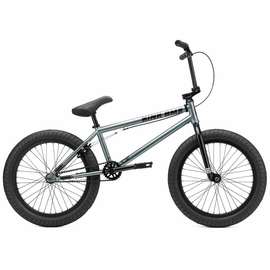 Side view of Kink Whip 20 inch BMX bike in slate grey photographed on a white background