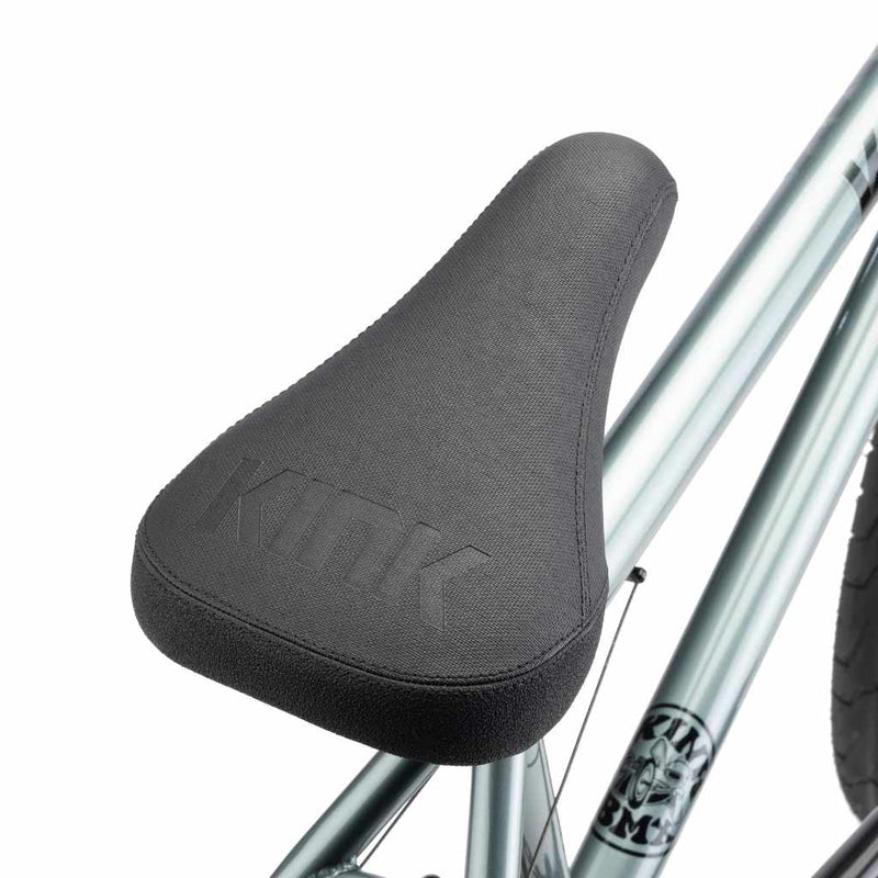 Close up of Kink Duran Stealth Pivotal seat on a slate grey Kink Whip BMX bike