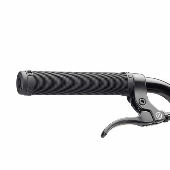 Kink Form flangeless right hand grip in black with black Mission Token lever built on to a Kink Whip XL BMX bike
