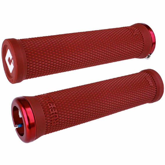 ODI Ruffian V2 Lock on grips in dark red photographed on a white background