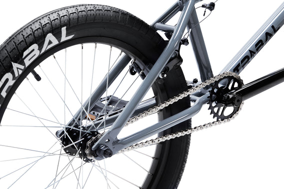 Tribal Trap Grey BMX rear wheel and back end of bike on a white background