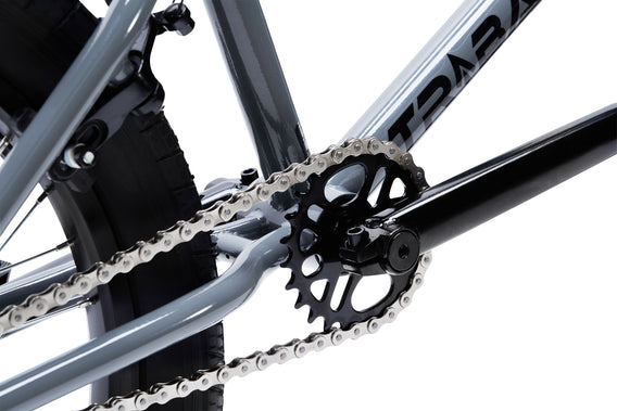 Tribal Trap Grey BMX sprocket and cranks on a white background