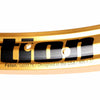 Close up of a Gold Alienation TCS Felon rim showing the Alienation graphic and 2 spoke holes. Photographed on a white background.