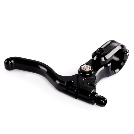 Underside view of the Alienation Fulcrum Left Hand Black brake lever showing the sealed bearing pivot and hinged clamp hardware.