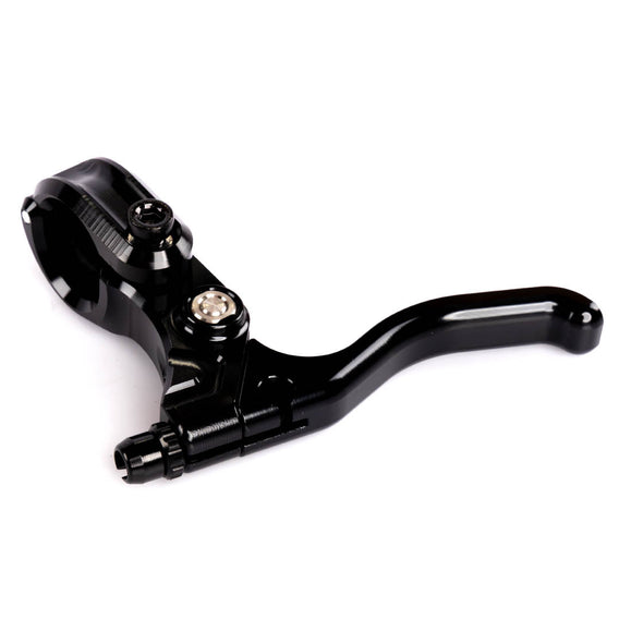 Underside view of the Alienation Fulcrum Right Hand Black brake lever showing the sealed bearing pivot and hinged clamp hardware.