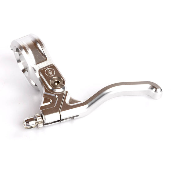 Alienation Fulcrum Brake Lever Left Hand Silver showing the polished CNC machined finish and barrel adjuster.