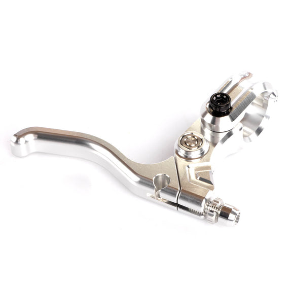 Underside view of the Alienation Fulcrum Left Hand Silver brake lever showing the sealed bearing pivot and hinged clamp hardware.
