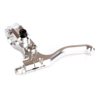 Underside view of the Alienation Fulcrum Right Hand Silver brake lever showing the sealed bearing pivot and hinged clamp hardware.