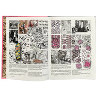 Open book with artistic collage on a white background