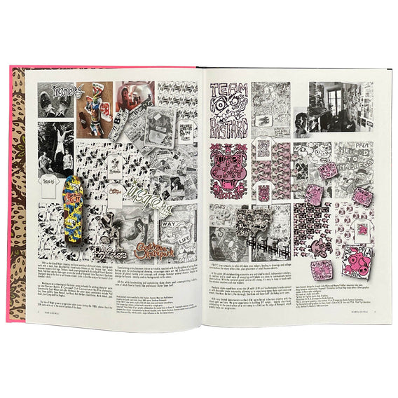 Open book with artistic collage on a white background