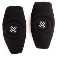 A pair of black fuse neoprene elbow pads with circular black patches featuring a white stylized 'X' logo, displayed on a clean white background.