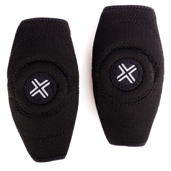 A pair of black fuse neoprene elbow pads with circular black patches featuring a white stylized 'X' logo, displayed on a clean white background.