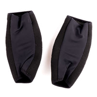 A pair of black protective elbow pads with a textured fabric exterior and a smoother inner lining, displayed on a clean white background.