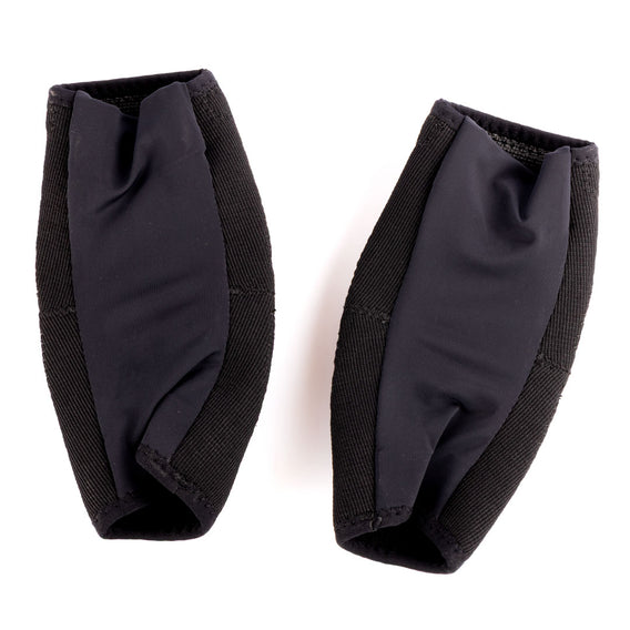 A pair of black protective elbow pads with a textured fabric exterior and a smoother inner lining, displayed on a clean white background.