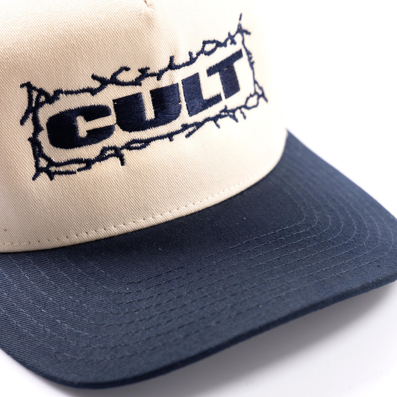 Cult Bolts Cap - Cream / Blue close up detail | Backyard UK BMX Shop Hastings