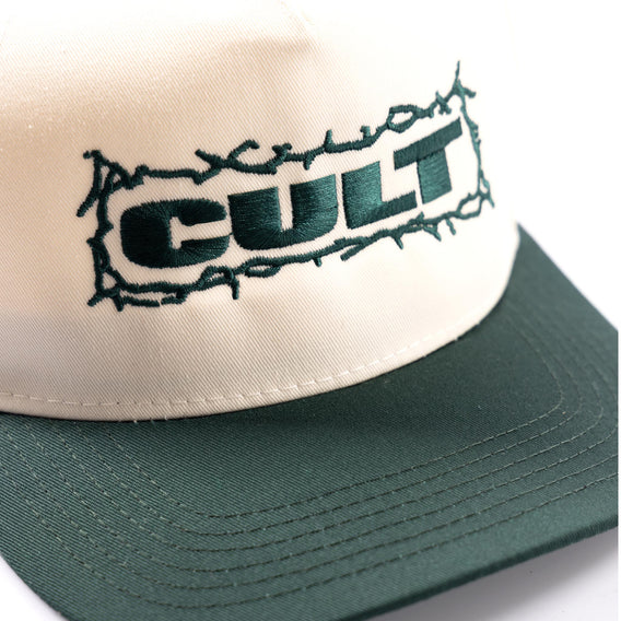 Cult Bolts Cap - Cream / Green Close Up Detail | Backyard UK BMX Shop Hastings