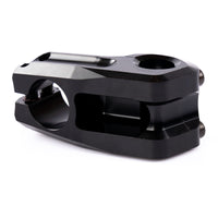 Black metal bike handlebar stem on a white background