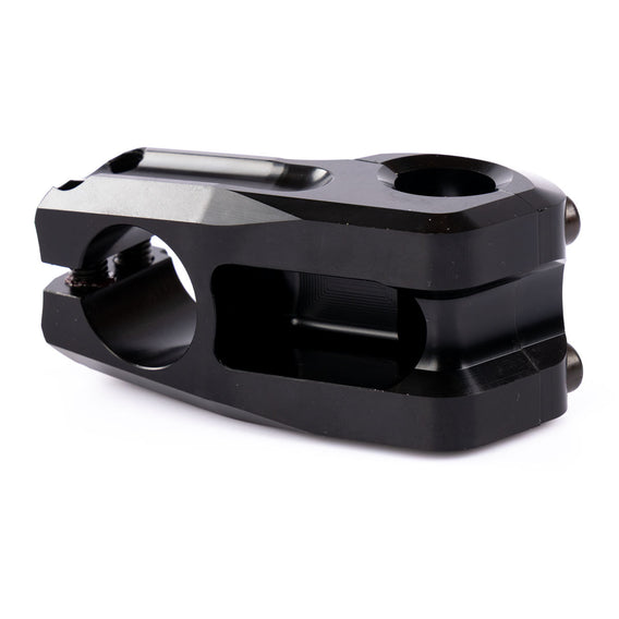 Black metal bike handlebar stem on a white background