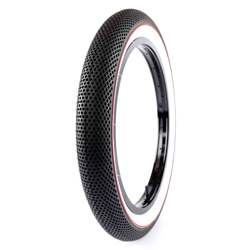 Cult 18" Vans Tyre - Black With White Sidewall And Red Stripe 2.30" with tread showing at angle