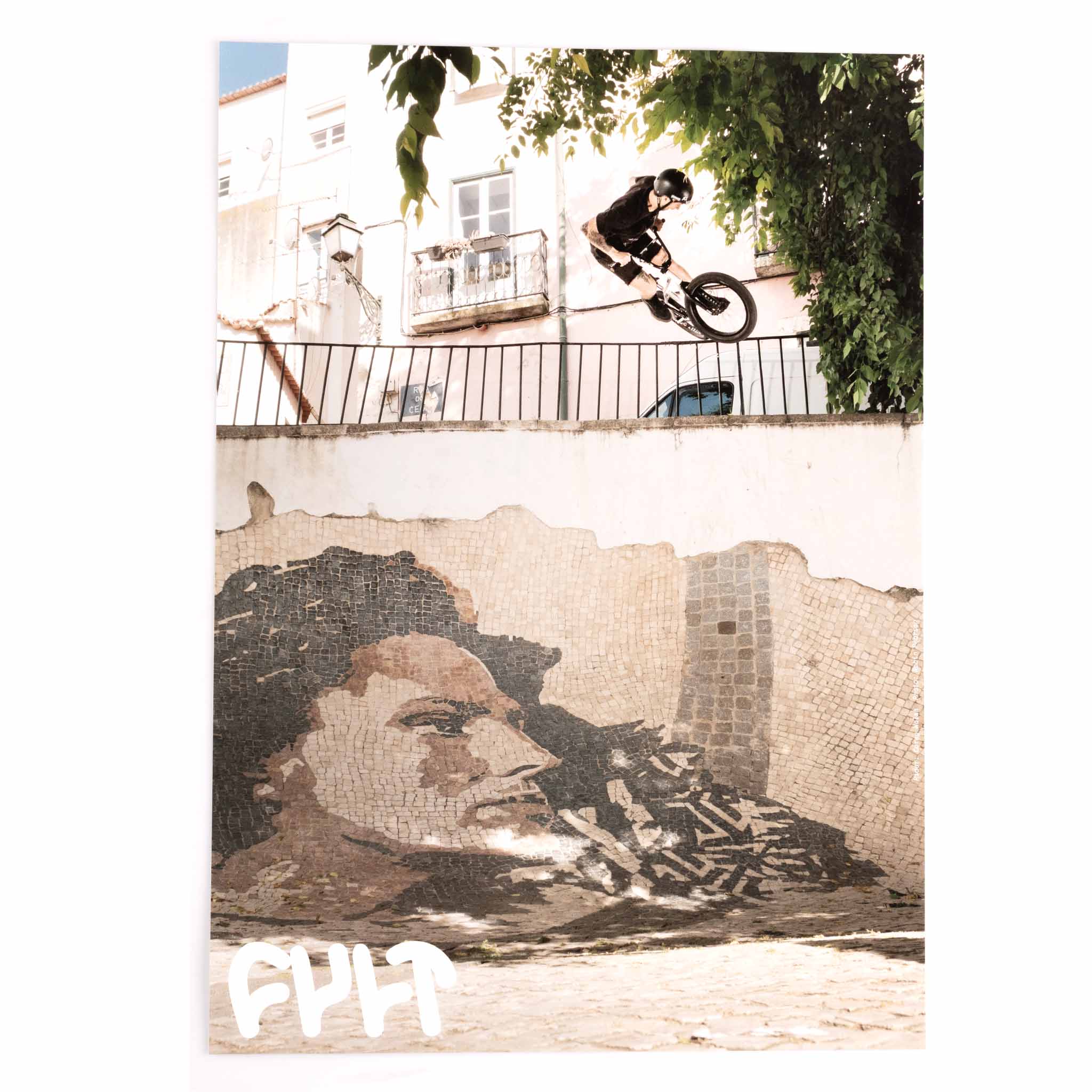 Person on a bicycle performing a trick above a mural of a woman with a camera.