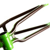Close-up of the underneath of the chain stays on a green and brown cult AK Cult BMX frame on a white background