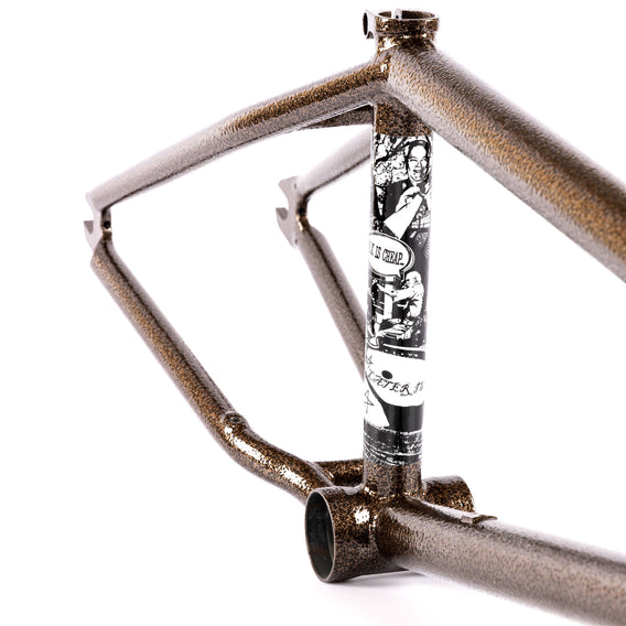 cult bmx frame with a detailed sticker on the seat tube on a white background