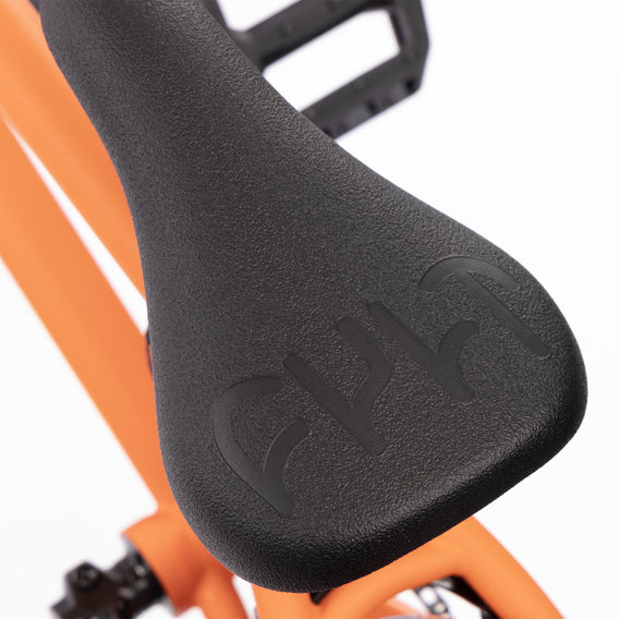 Cult 2024 Gateway BMX Bike - Orange With Black Parts And Blue / Orange Camo Tyres 20.5" Seat Detail | Backyard UK BMX Shop Hastings