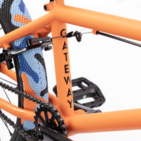 Cult 2024 Gateway BMX Bike - Orange With Black Parts And Blue / Orange Camo Tyres 20.5" Seat Post Sticker Frame Detail | Backyard UK BMX Shop Hastings