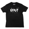 Black t-shirt with white graphic design on a white background